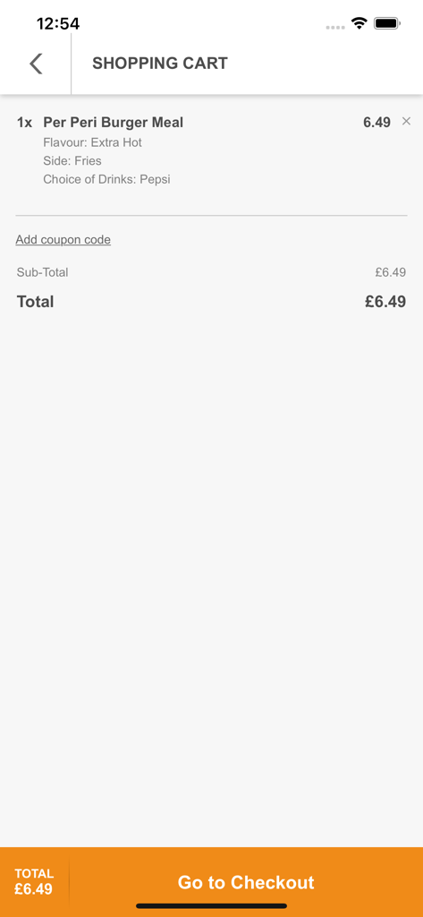 Griller (Seven Kings) - Griller mobile app shopping cart screen showing a Peri Peri Burger Meal order and a go to checkout button