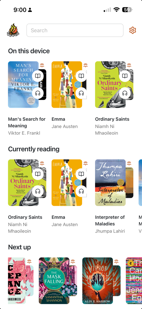 Storyteller Reader - Library view of the Storyteller Reader app showing ebook and audiobook synchronization icons on a mobile screen.