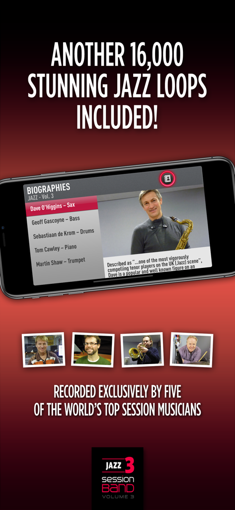 SessionBand Jazz 3 - SessionBand Jazz 3 app screen displaying biographies of world-class session musicians and jazz loops information