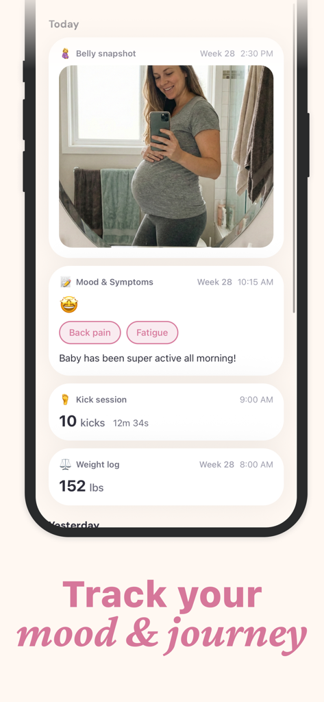 Interface of Baby Lua app displaying a pregnancy journal with belly photo, mood, kicks, and weight tracking.