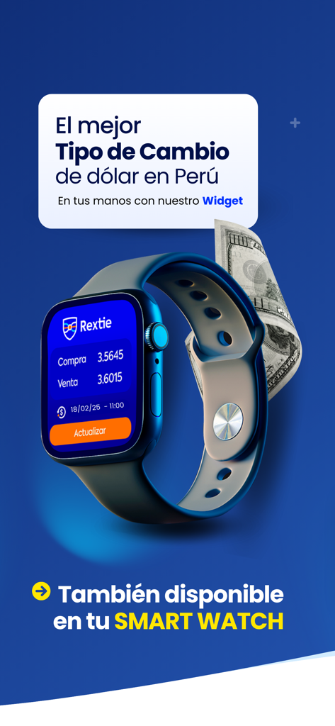 Rextie App-Oberfläche auf einer Apple Watch, die Dollarkurse in Peru anzeigt