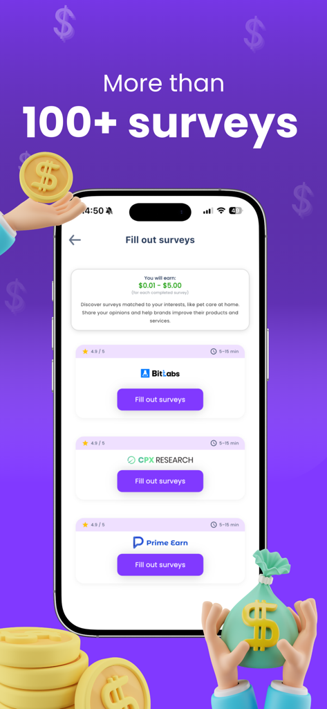 Earnne: Surveys for money - Smartphone screen displaying multiple survey options in the Earnne app to earn money online