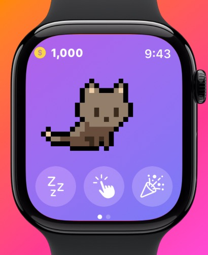 Pixel Paws - Virtual Pet Toy - Um gato marrom em arte pixel em um Apple Watch com ícones de jogo e contagem de moedas