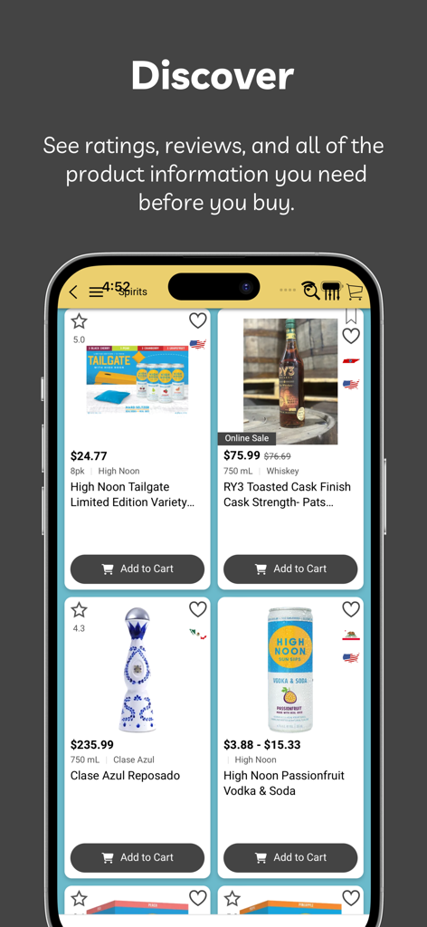 Product discovery screen of the PATS BEVERAGE AND LIQUOR STORE app displaying various liquor products and seltzers.