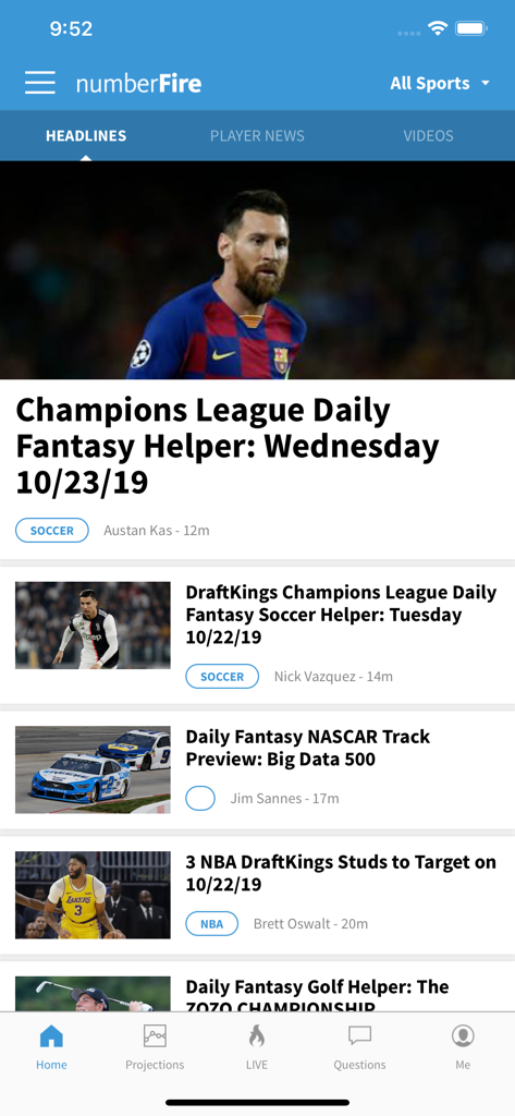 A tela de manchetes do aplicativo numberFire com notícias e conselhos de fantasy sports diários para múltiplos esportes