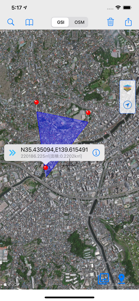 GSI Map++ - 面積測定ツールとGPS座標が表示された衛星ビューを示すGSI Map plusインターフェイス