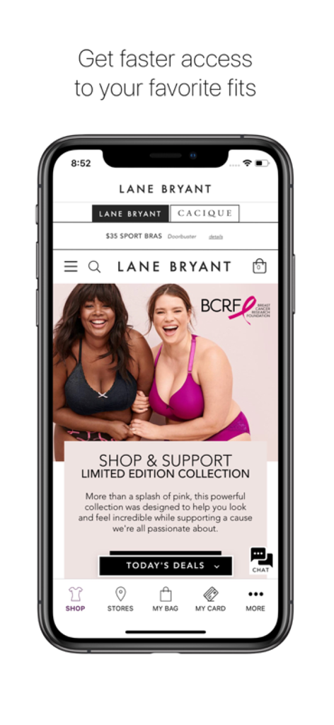 Lane Rewards by Lane Bryant - Home screen of the Lane Bryant mobile app showing plus size intimates and deals