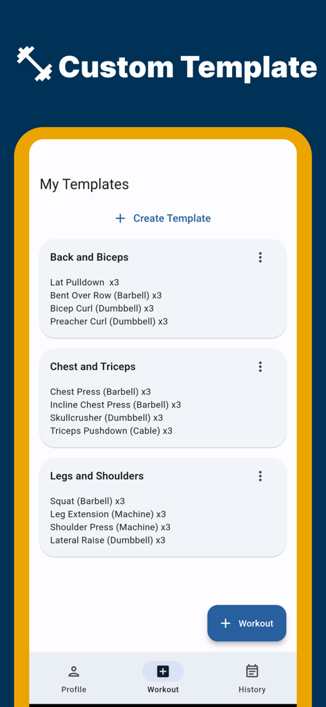 FitFit Workout Planner Tracker - FitFitアプリのインターフェース、ボディビルディングと筋力トレーニングのためのカスタムワークアウトテンプレートを表示