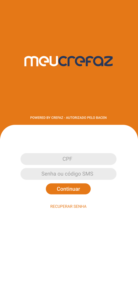 Meu Crefaz - Tela de login do aplicativo Meu Crefaz mostrando campos para autenticação de CPF e senha.