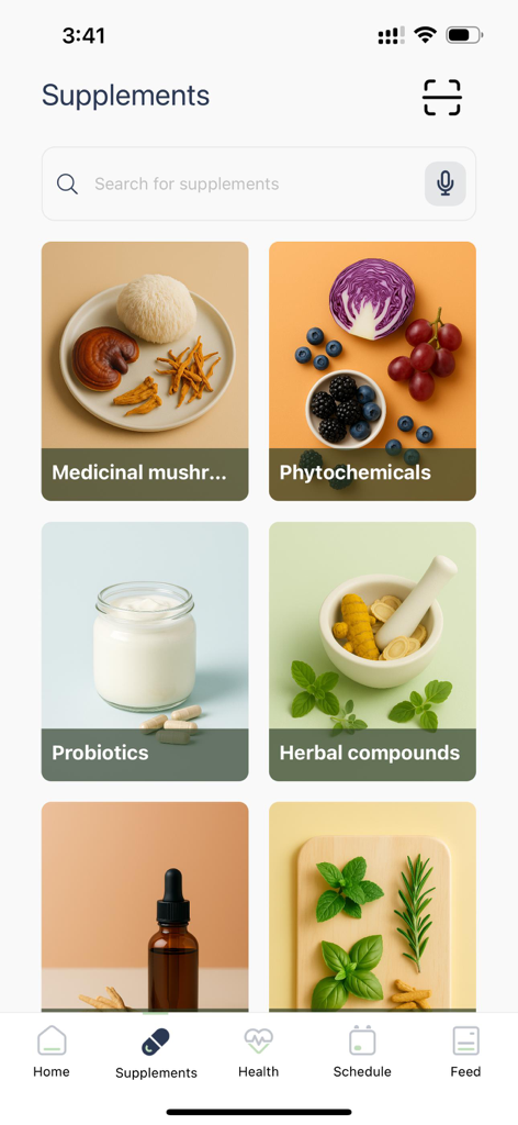 SupplementMD app interface showing categories for medicinal mushrooms phytochemicals probiotics and herbal compounds