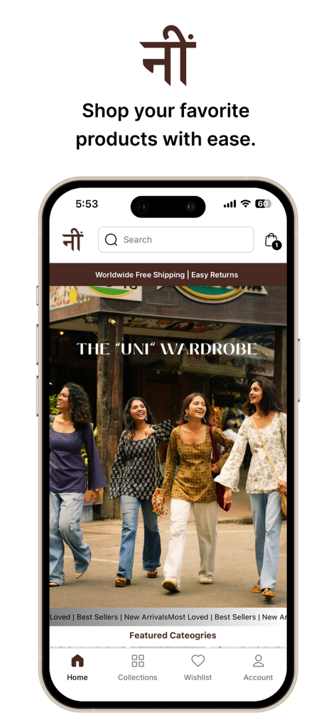 Nishorama - Nishorama mobile app home screen showing women in trendy ethnic fusion wear and the Uni Wardrobe collection.