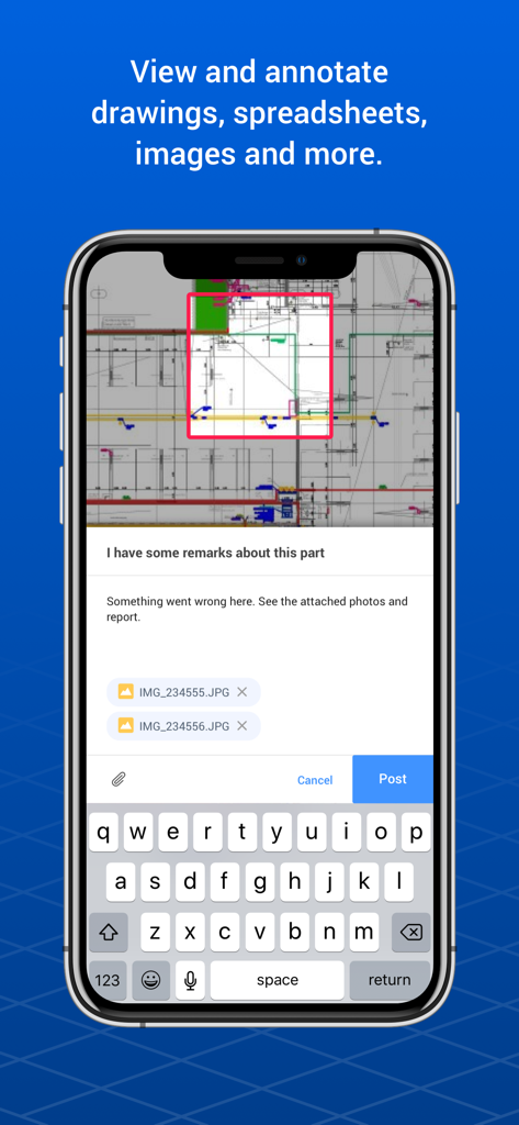 Bricsys 24-7 app interface showing a technical drawing with text annotations and photo attachments