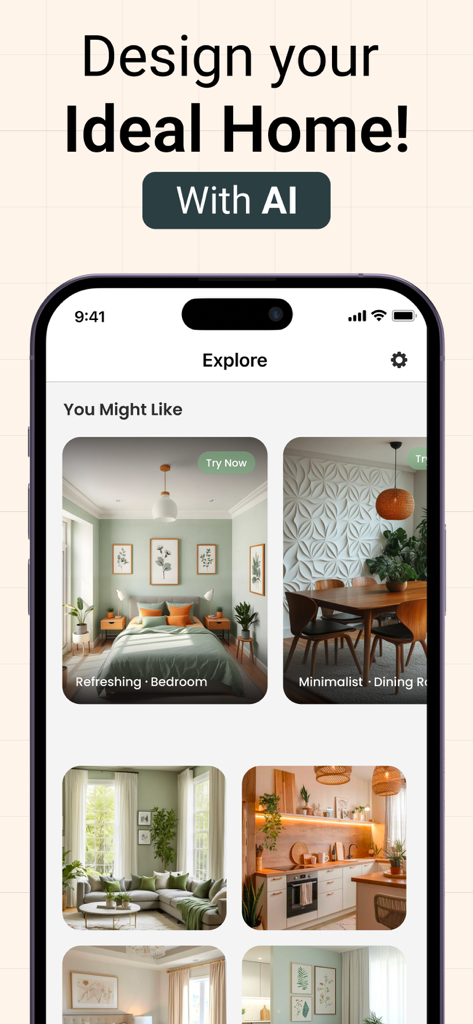 Une interface d'application mobile pour le design d'intérieur par IA présentant différents styles de pièces comme une chambre et une salle à manger.