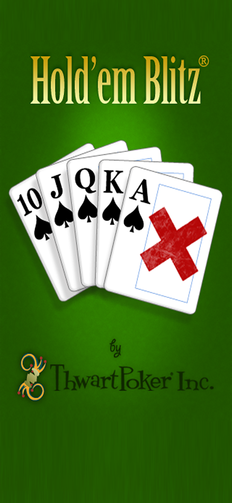 Hold'em Blitz - Holdem Blitz splash screen showing a royal flush with a red cross on the Ace of spades