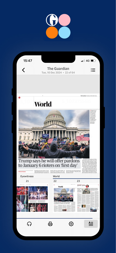 The Guardian Editions - La aplicación The Guardian Editions en un iPhone mostrando un artículo de periódico digital en la sección Mundo