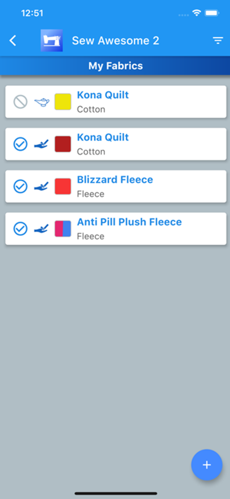 Sew Awesome 2 - Pantalla de la aplicación Sew Awesome 2 que muestra una lista de inventario digital de diferentes telas como algodón y forro polar.