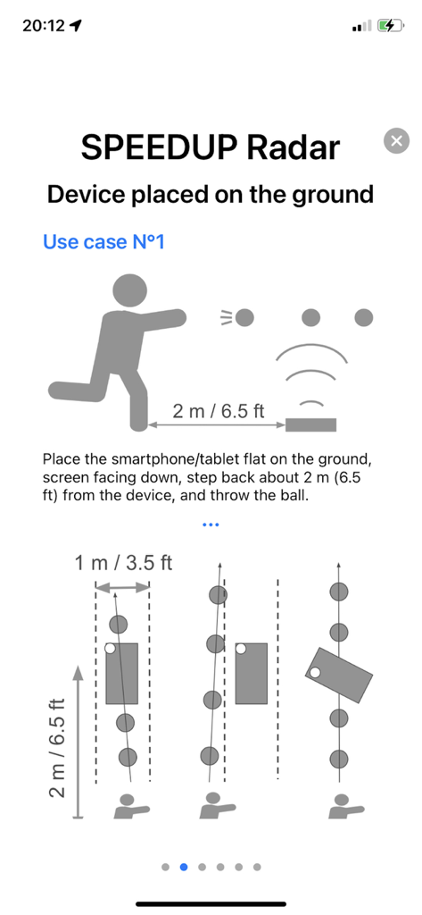 SPEEDUP Cricket - Diagram showing how to position a smartphone on the ground for cricket bowling speed measurement.