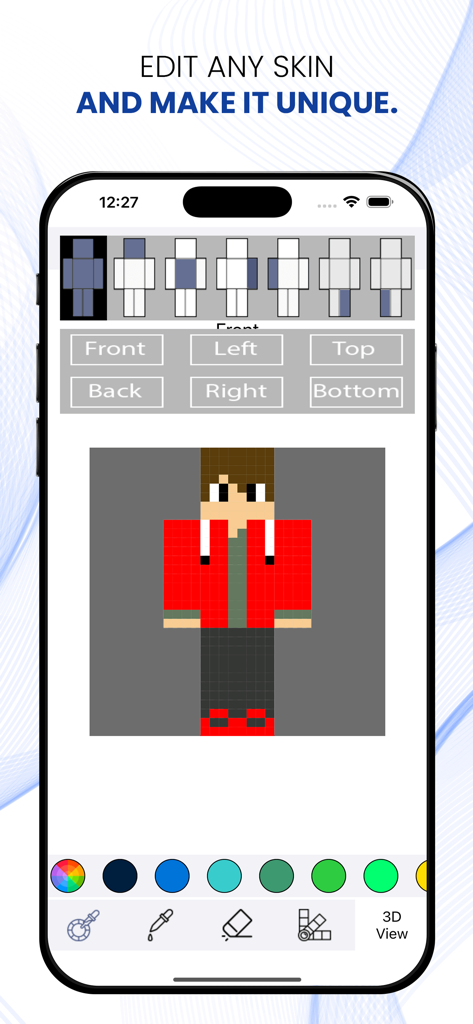 Interface de l'application d'édition de skins de garçons Minecraft montrant des outils pour personnaliser l'apparence d'un personnage