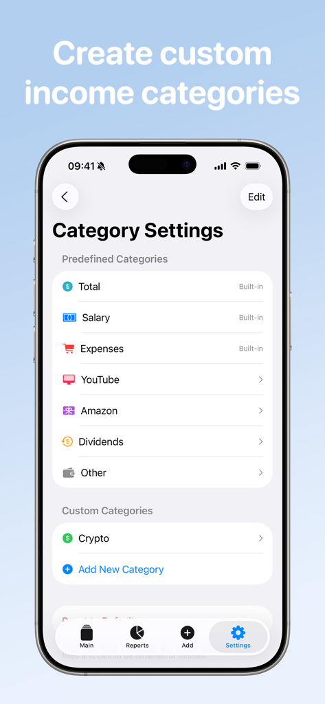 Écran des paramètres de catégorie dans l'application Cash Count montrant des catégories de revenus prédéfinies et personnalisées comme Salaire YouTube et Crypto
