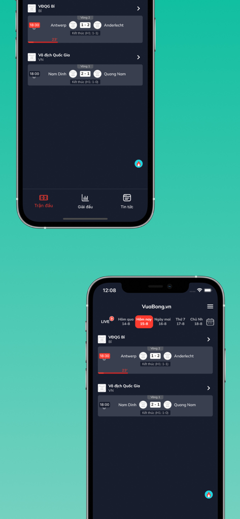 Lịch bóng đá - vua bóng - Mobile app interface showing live football match scores and schedules in Vietnamese