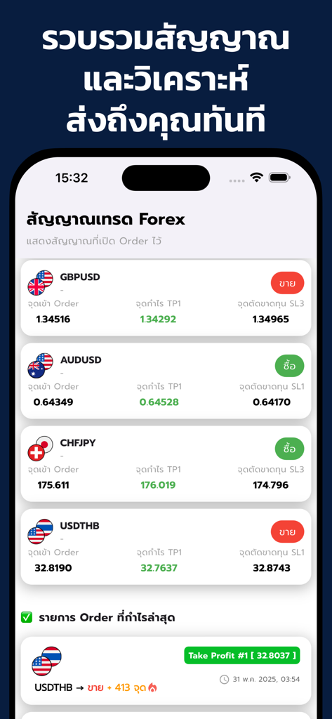 Interfaz de la aplicación móvil de señales de trading Forex mostrando pares de divisas con puntos de entrada y objetivos de ganancias