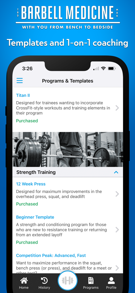 Barbell Medicine - Barbell Medicine mobile app interface displaying a list of specialized strength training programs and templates