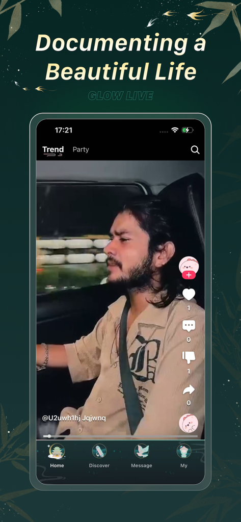 Glow Live-Voice Chat - Interface of Glow Live app showing a video feed with the headline Documenting a Beautiful Life