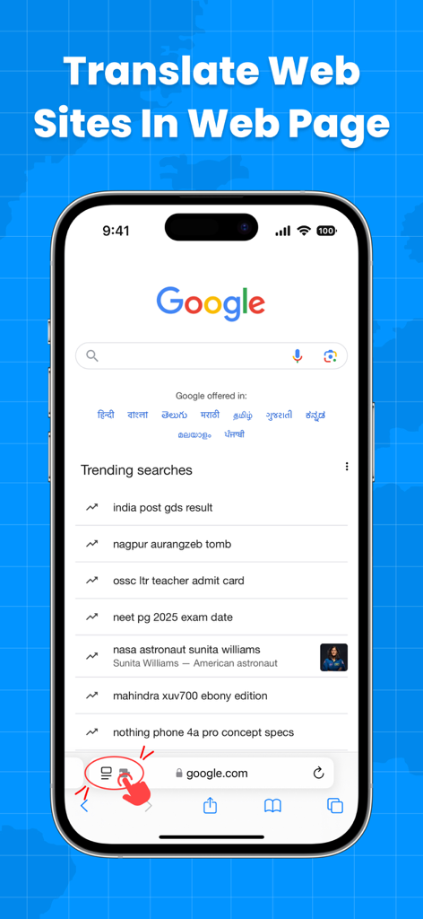 AI Translator for Web Pages - iPhone-Bildschirm, der das KI-Übersetzer-Erweiterungssymbol in einem Safari-Browserfenster hervorgehoben zeigt.