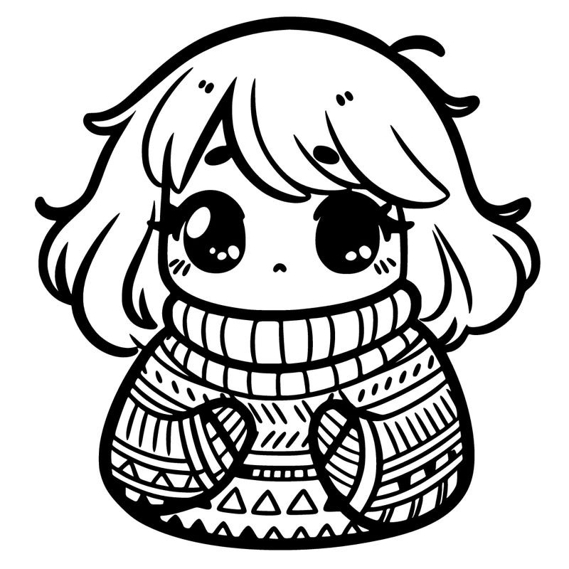 cute girl with floofy hair and a cozy turtleneck pullover with stripes and triangle patterns