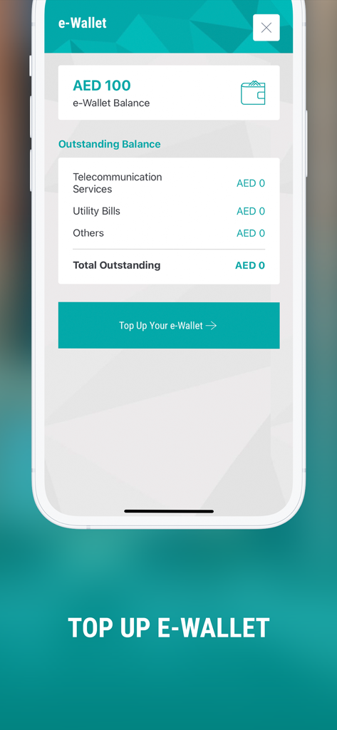 RAKEZ - RAKEZアプリのEウォレットインターフェース。Eウォレット残高と未払いサービス請求書が表示されています。