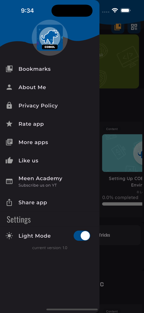 Learn COBOL Programming - La barra di navigazione laterale dell'app Impara la programmazione COBOL che mostra segnalibri, impostazioni e l'interruttore della modalità chiara