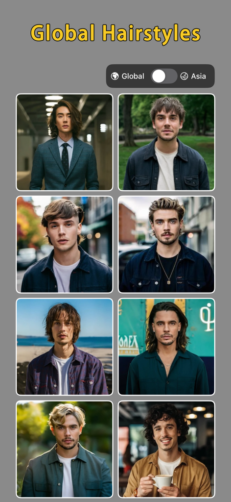 Hair AI: Hairstyle Try-On - A collection of men's global hairstyles displayed in a grid within the Hair AI app