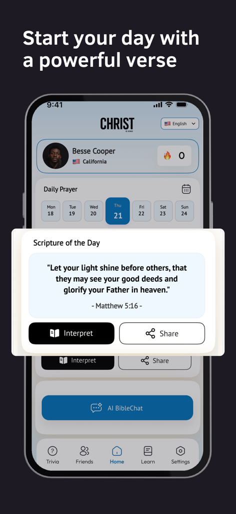 Christ is King - The Christ is King app showing a daily Bible verse with options to interpret and share.