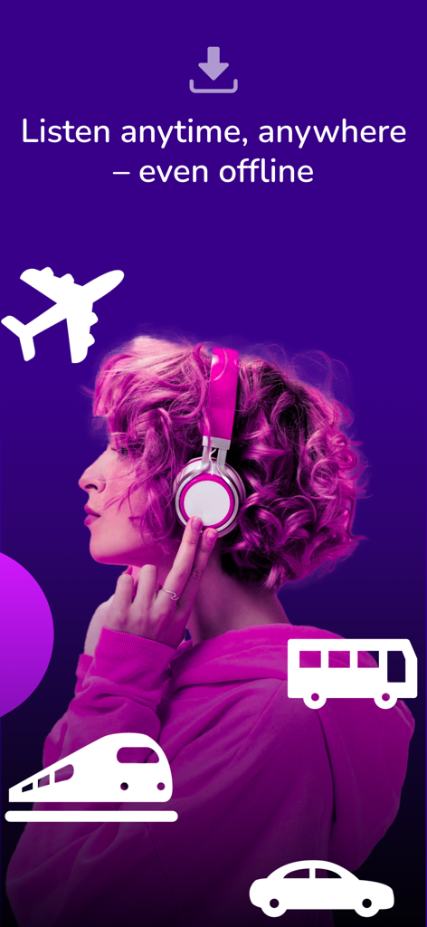 Woman with pink headphones listening to audiobooks offline with icons for travel and commuting