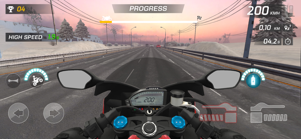 Bike Rush 3D: Traffic Driving - First person perspective of a motorcycle racing at high speed on a snowy highway at sunset