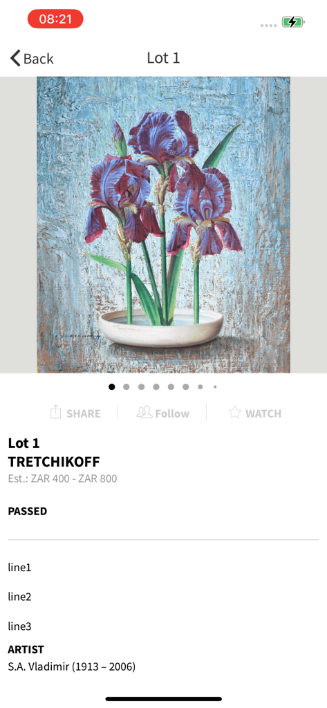 Cannons Auctioneers app showing a painting of irises by Vladimir Tretchikoff