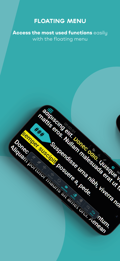 TeleprompterPAD - Interface do aplicativo TeleprompterPAD mostrando o menu flutuante para acesso rápido às configurações do roteiro