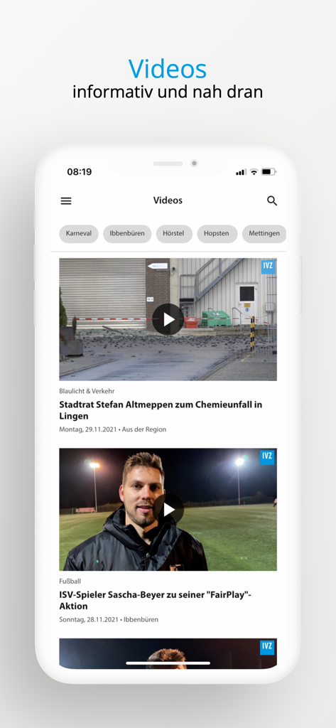 IVZ-aktuell - Ein mobiler Screenshot der IVZ-aktuell-App, der eine Liste lokaler Video-Nachrichtenberichte und regionale Kategoriefilter anzeigt.