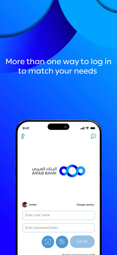 Arabi-Mobile app login screen showing biometric face ID and pattern lock authentication options.