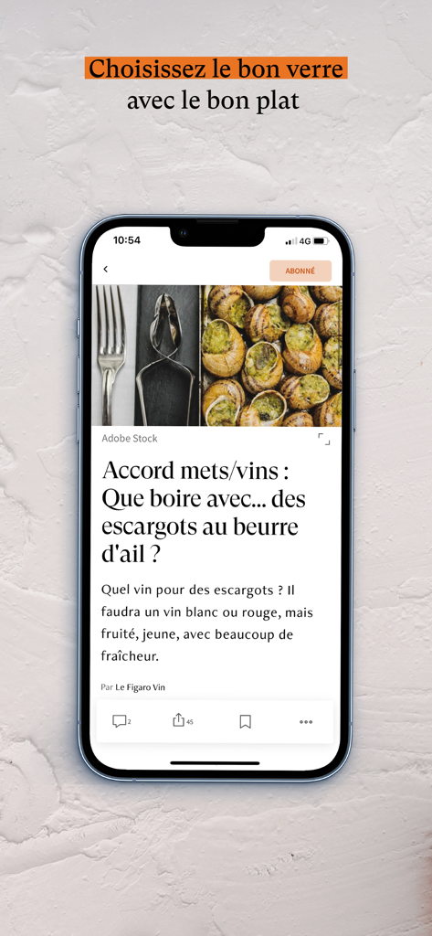Le Figaro Cuisine - Le Figaro Cuisine app interface showing a wine pairing article for escargots with garlic butter
