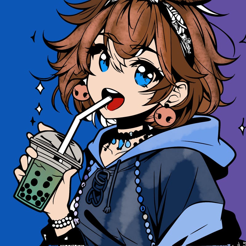 hot baddie anime girl drinking boba and biting the straw