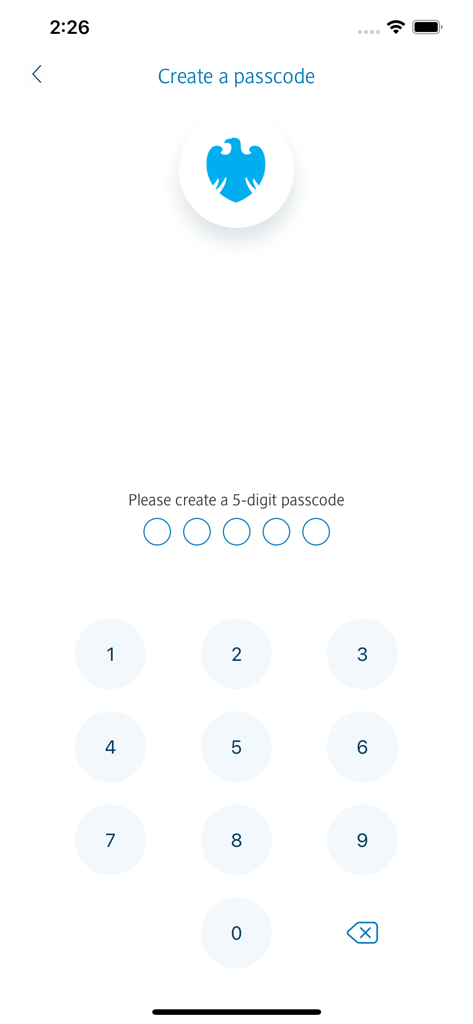 Barclays Corporate - Oberfläche der Barclays Corporate App, die den Bildschirm zur Erstellung eines 5-stelligen Passworts mit einem Ziffernblock anzeigt