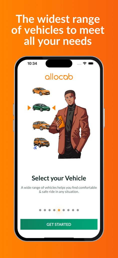 Interfaccia dell'app Allocab che mostra diversi tipi di veicoli per la prenotazione di una corsa