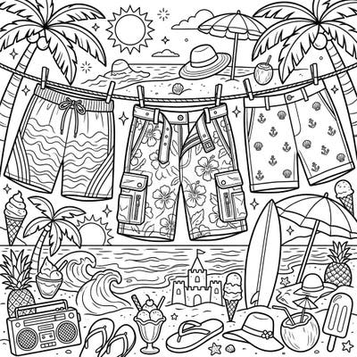 Get ready for a sun-soaked adventure with this delightful coloring page featuring various men's shorts drying on a clothesline at a bustling summer beach. Immerse yourself in a world of sandy shores, palm trees, and refreshing treats, perfect for a relaxing creative escape.
