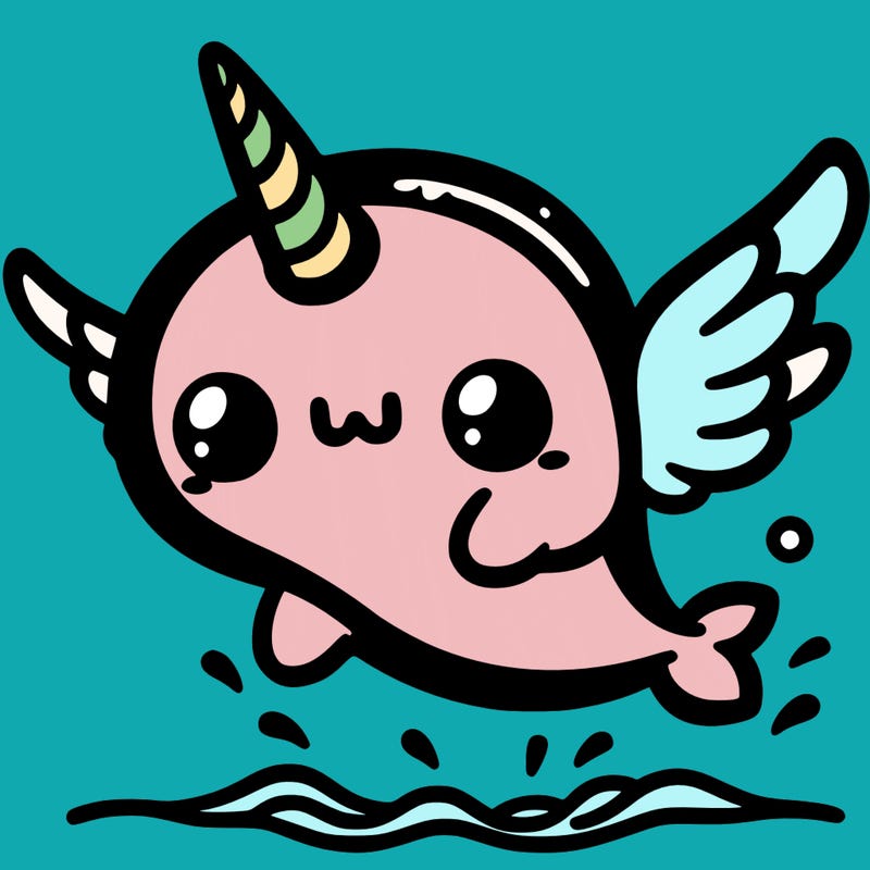 a kawaii narwhal with wings jumping out of the water