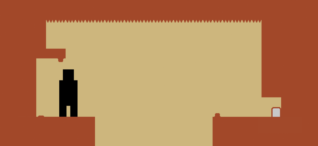 Eine schwarze pixelige Figur in einem braunen minimalistischen Level mit einer Decke aus Stacheln und einer Ausgangstür.