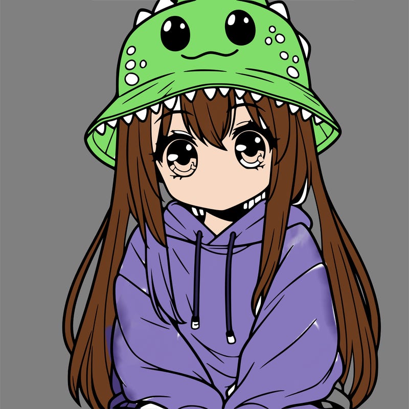 girl with anime shaped eyes with a dinosaur bucket hat oversized sweatshirt long straight hair