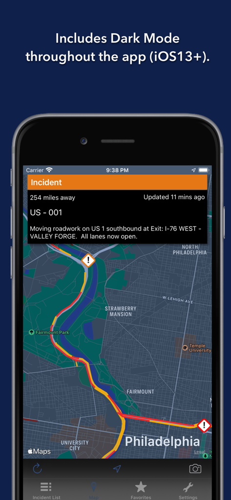Pennsylvania State Roads app map screen in dark mode showing traffic incidents in Philadelphia