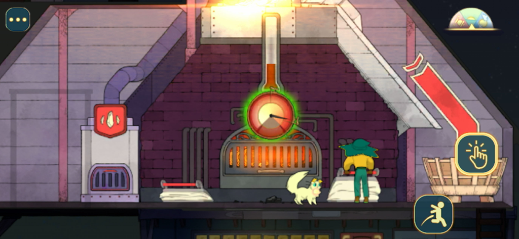 Stella and her cat operating a furnace inside a boat in Spiritfarer Netflix Edition