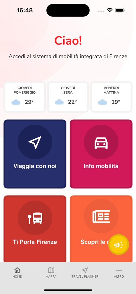 Pantalla de inicio de la aplicación IF Infomobilità Firenze mostrando opciones de movilidad y pronóstico del tiempo